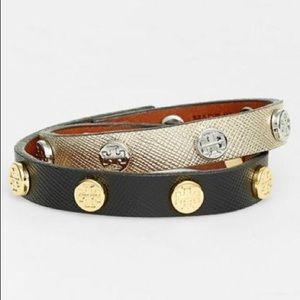 Tory Burch Black + Gold Leather Logo Wrap Bracelet
